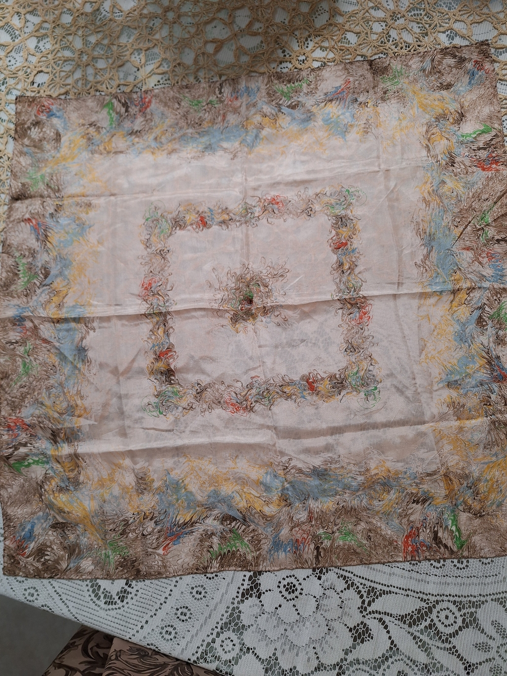 Vintage Silk Water Painted Scarf in Soft Blush with Multicolor Accents
